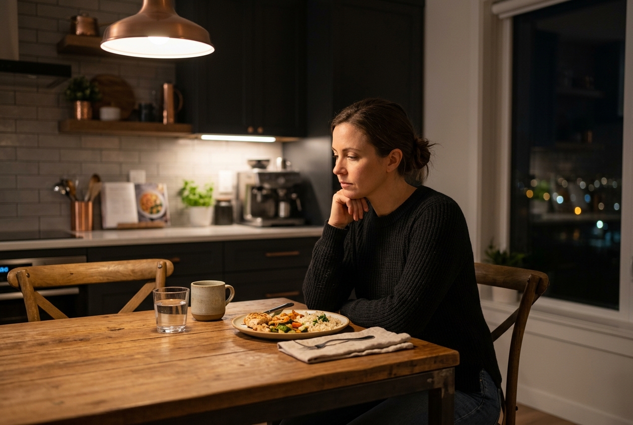 Person at kitchen table at night looking thoughtfully at food